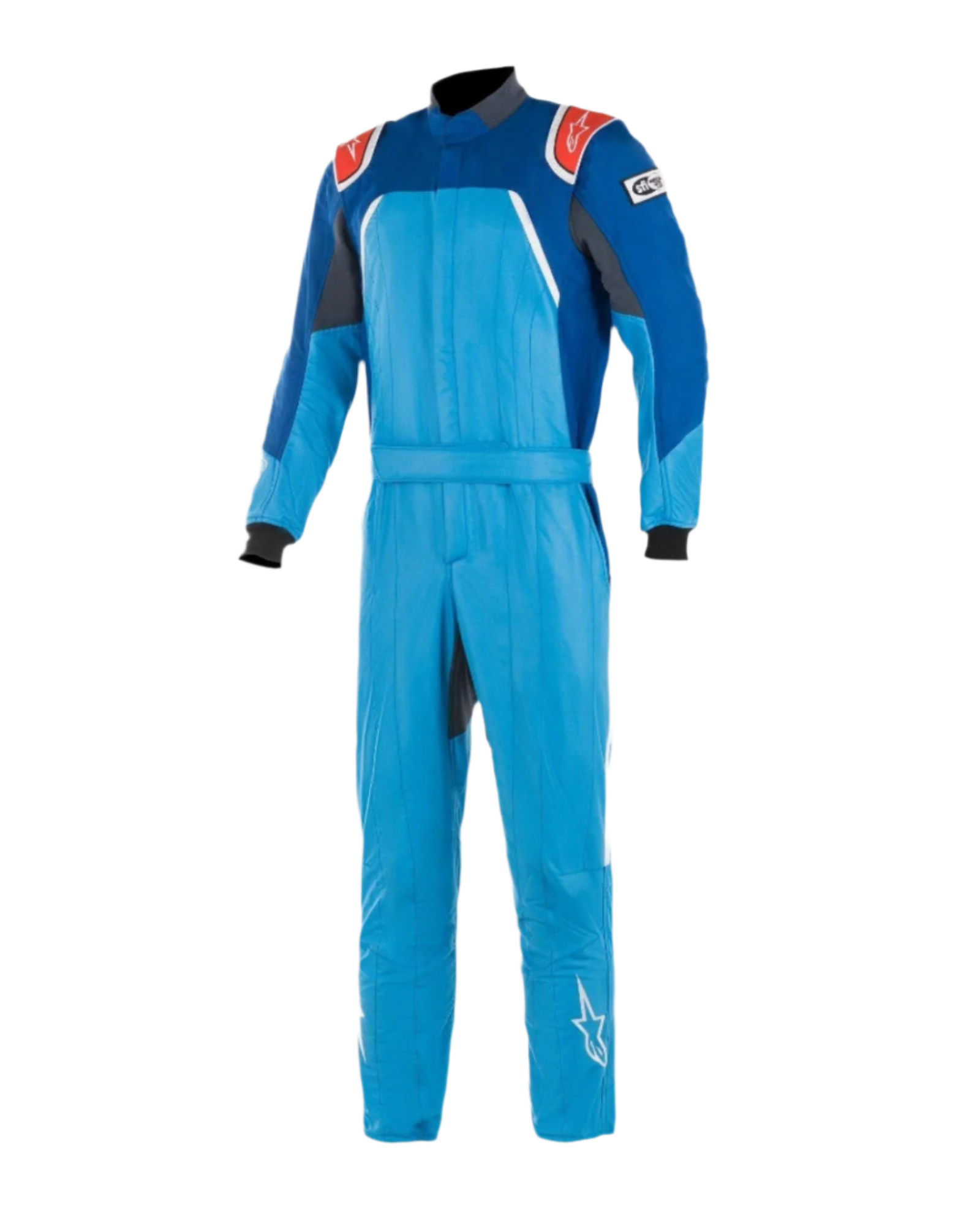 Alpinestars GP Pro Comp Bootcut Anzug FIA, Autorennanzug, Kobaltblau und Königsblau mit roten Akzenten, verfügt über rote Schulterklappen mit weißen Logos, schwarze Ärmelbündchen und Bootcut-Beine, mehrlagige Aramid-Konstruktion für Rundstreckenrennen