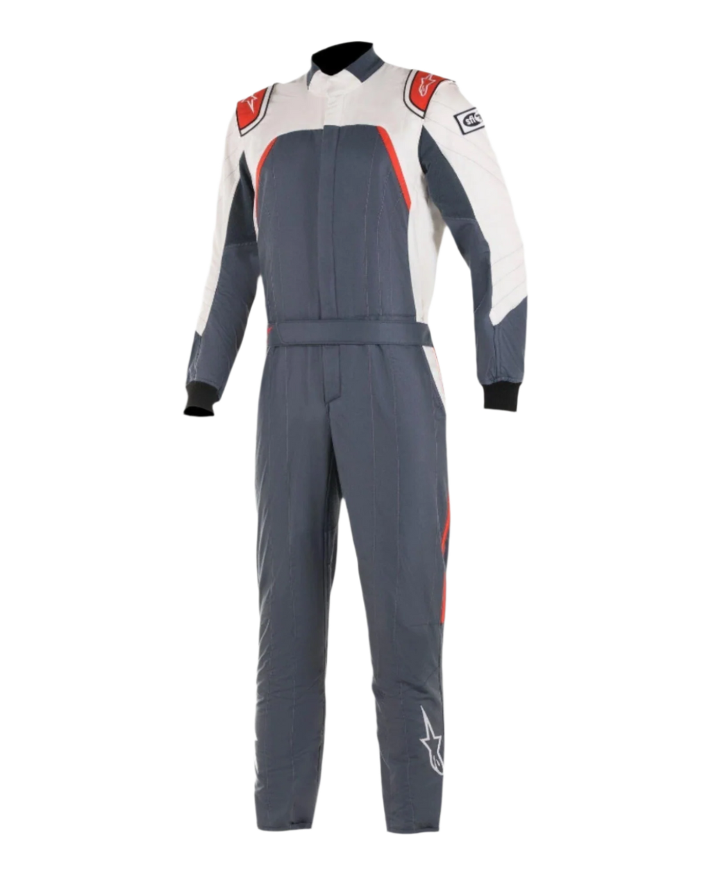 Alpinestars GP Pro Comp Bootcut Anzug FIA, Auto-Rennanzug, Asphalt, Weiß und Rot, einteiliger Motorsportanzug mit weißem oberem Brustbereich und Ärmeln, roten Schulterakzenten, dunkelgrauem Korpus in Asphalt und Bootcut-Beinkonstruktion.