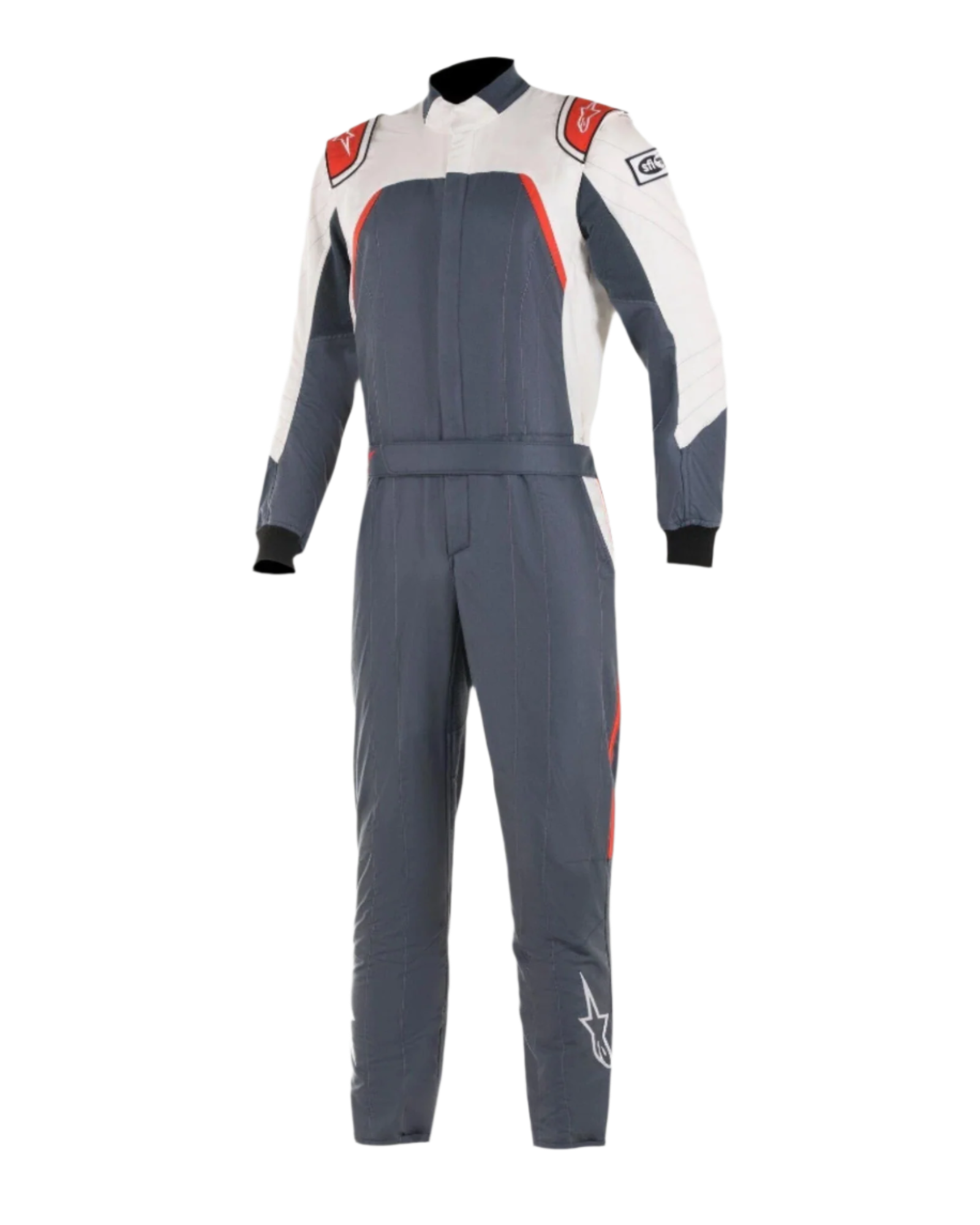Alpinestars GP Pro Comp Bootcut Anzug FIA, Auto-Rennanzug, Asphalt, Weiß und Rot, einteiliger Motorsportanzug mit weißem oberem Brustbereich und Ärmeln, roten Schulterakzenten, dunkelgrauem Korpus in Asphalt und Bootcut-Beinkonstruktion.