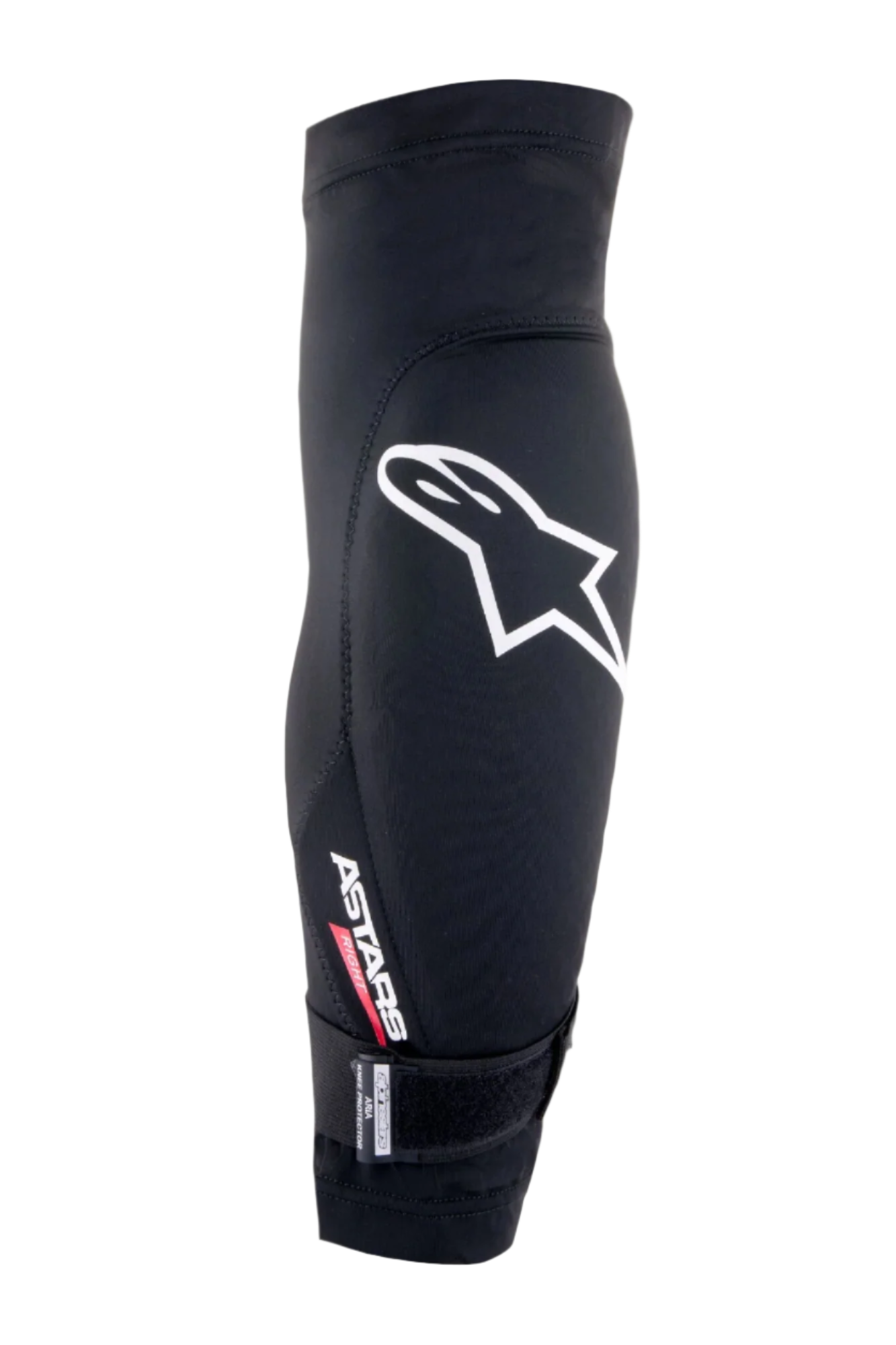 Alpinestars Aria Knee Protector, Black and White, breathable mesh sleeve featuring a large white Astars logo, 'ASTARS RIGHT' text, and an adjustable bottom strap, lightweight mountain bike and cycling protection