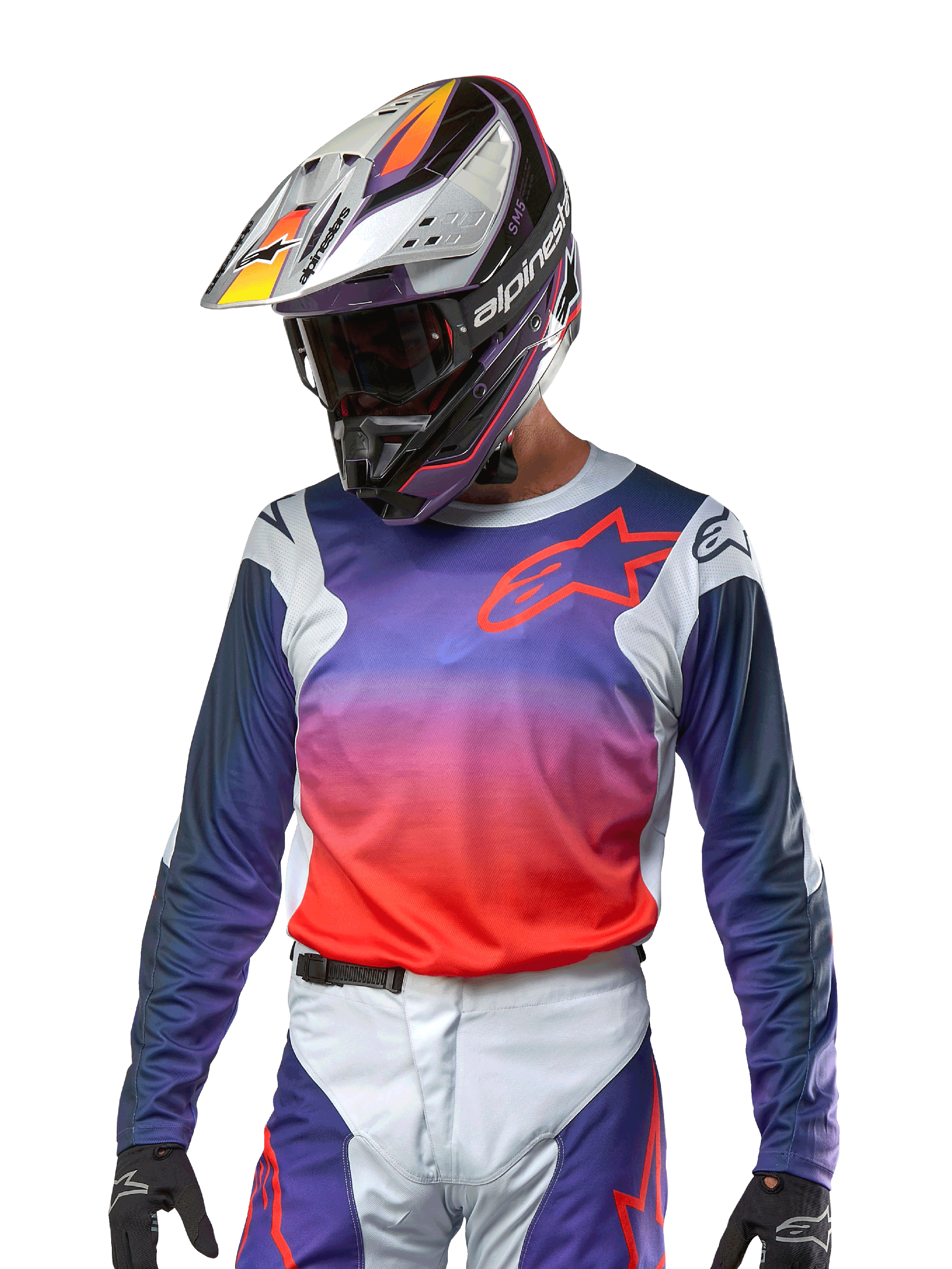 Alpinestars 2024 Racer Hoen Jersey, Motocross Jersey, Purple and Hot Orange Gradient with Dark Blue Sleeves, Light Gray shoulder panels, worn with matching racing pants and helmet, complete off-road riding gear