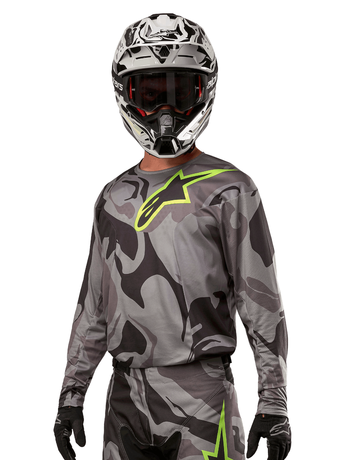 Alpinestars 2024 Racer Tactical Jersey, Motocross Jersey, Cast Gray Camo Magnet with neon green logo, worn with black and white helmet and black gloves, technical moisture-wicking fabric for off-road racing