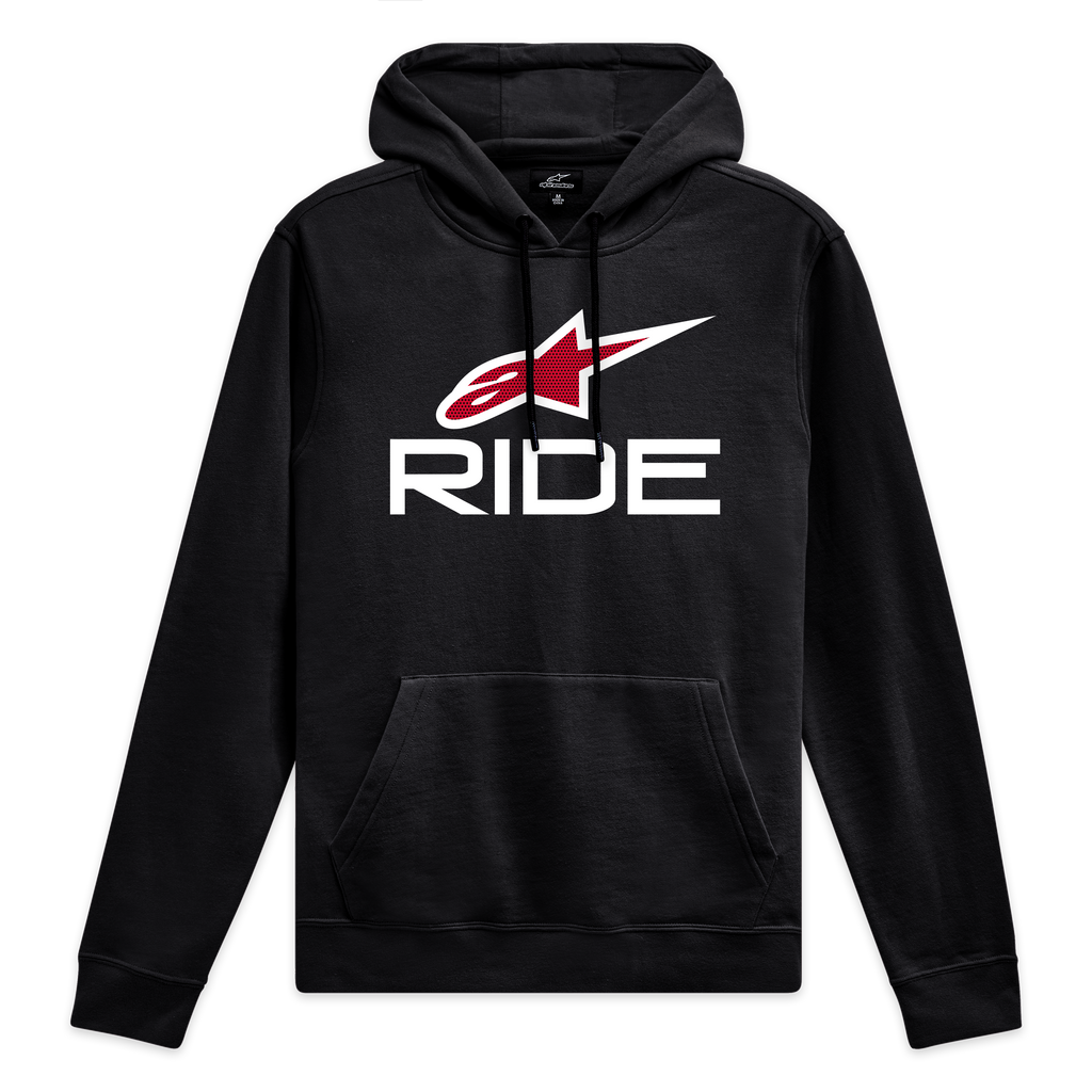 Alpinestars Ride 4.0 Hoodie, Black sportswear pullover with white and red front logo and jersey-lined hood