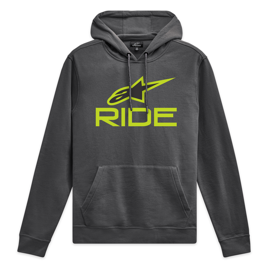 Alpinestars Ride Kapuzenpullover V 3, anthrazitgrauer Kapuzenpullover mit limegrünem Ride-Logo auf der Brust und passenden Kordelzügen, Sportswear-Fleece.