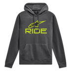 Alpinestars Ride Kapuzenpullover V 3, anthrazitgrauer Kapuzenpullover mit limegrünem Ride-Logo auf der Brust und passenden Kordelzügen, Sportswear-Fleece.