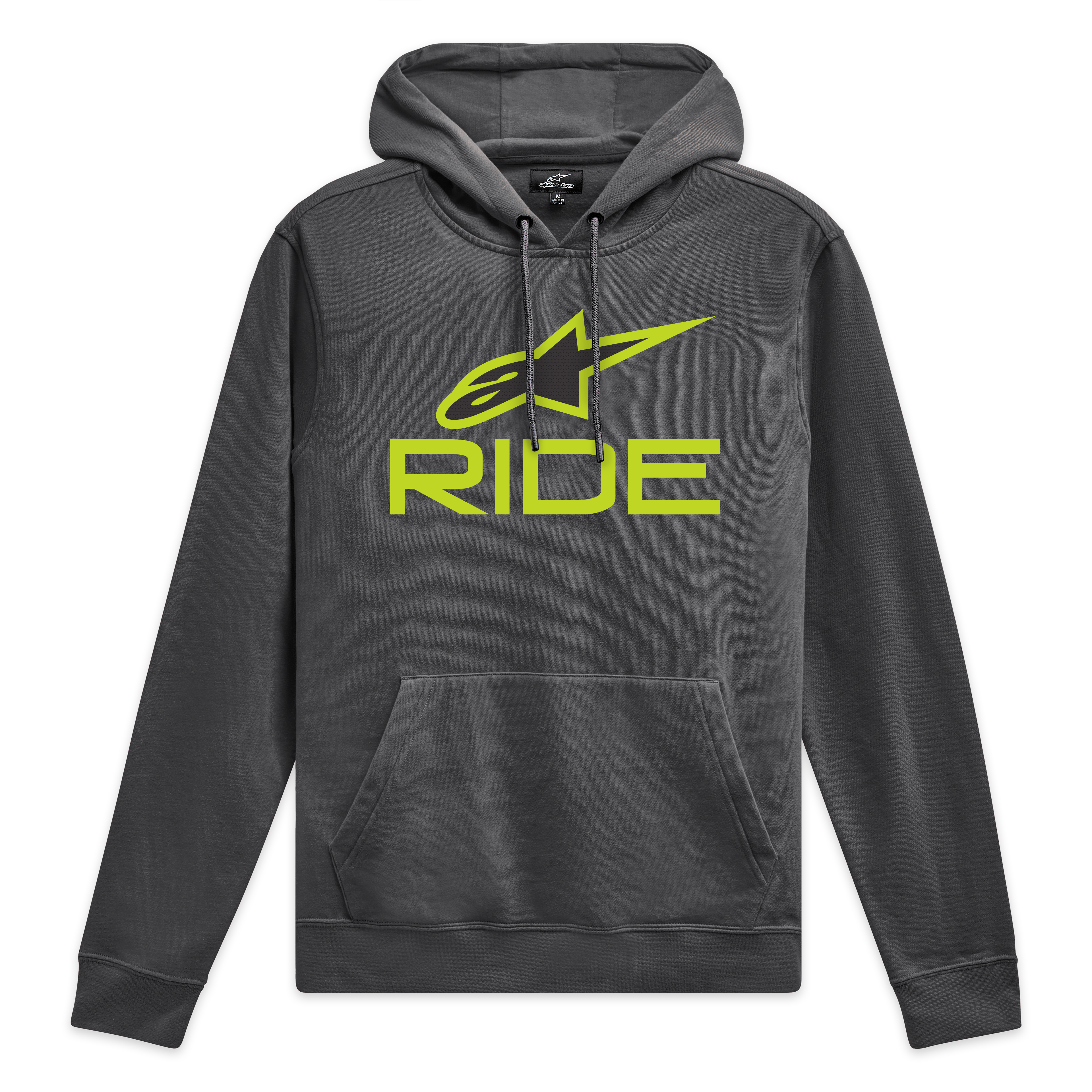Alpinestars Ride Kapuzenpullover V 3, anthrazitgrauer Kapuzenpullover mit limegrünem Ride-Logo auf der Brust und passenden Kordelzügen, Sportswear-Fleece.