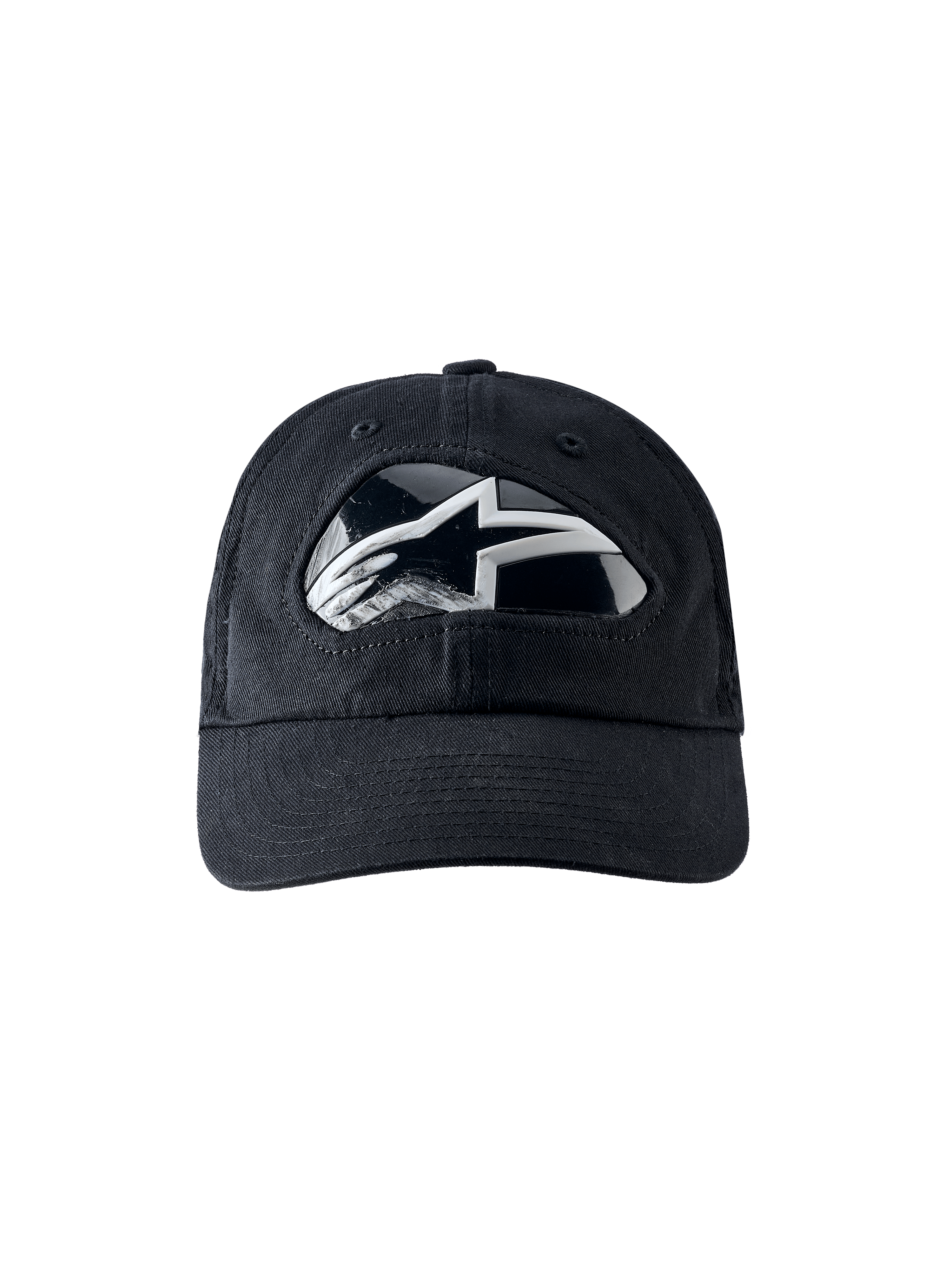 Alpinestars RSRV Shield Cap, Schwarze Baseball-Cap mit glänzendem Schwarz-Weißem Logo, Gebogener Schirm, Premium-Streetwear-Kappe