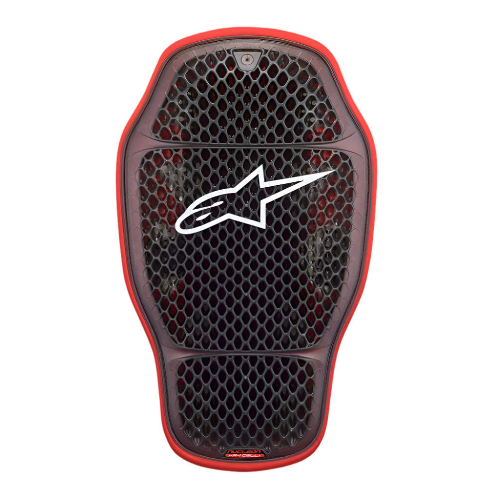 Alpinestars Nucleon KR-1 Cell i Rückenprotektor, Transparent Smoke Rot, schwarze Waben-Zellstruktur mit rotem Außenrand, weißes Alpinestars-Logo, ergonomisch geschwungene Form für belüfteten Motorrad-Rückenschutz