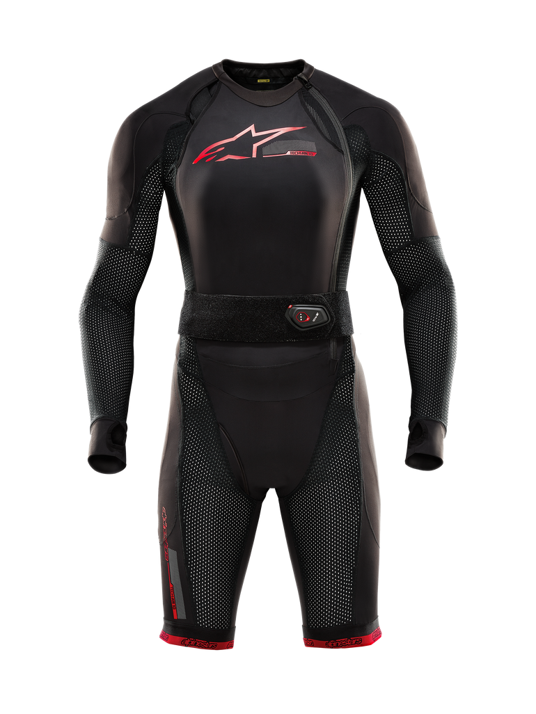 Alpinestars Tech-Air 10 and V2 Race Airbag Systems, autonomous motorcycle racing protection in Black and Bright Red featuring an integrated LED display belt and ventilated mesh panels.