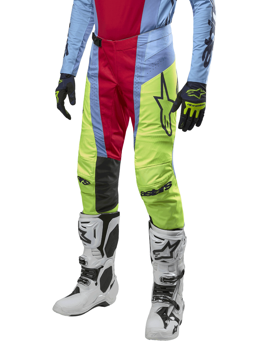 Alpinestars 2024 Techstar Ocuri Hose, Motocross-Hose, Hellblau, Beerenrot und Neongelb, getragen mit passender Ausrüstung und weißen Stiefeln, mit markantem Astars-Branding und einer Performance-Rennpassform.