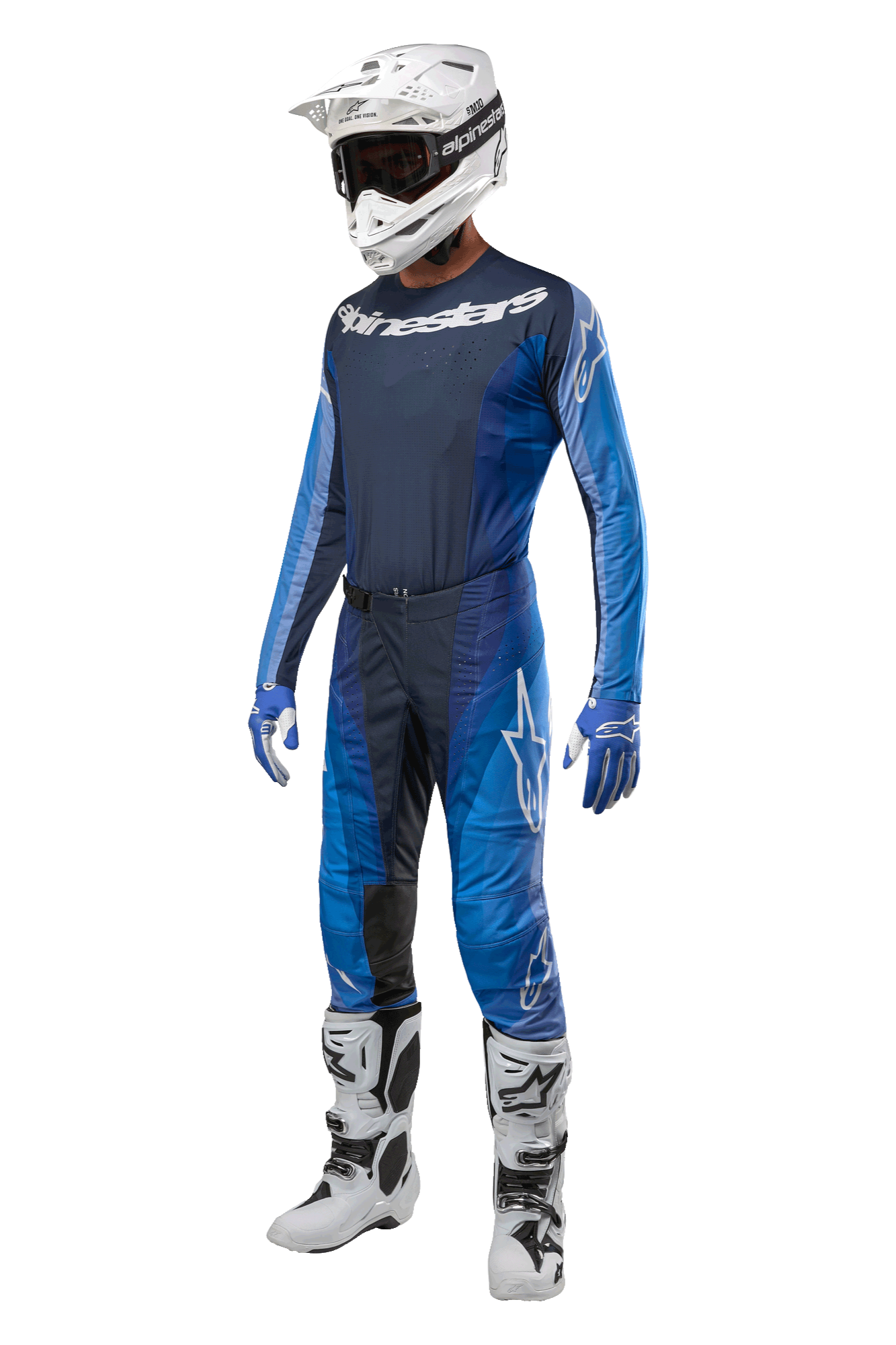 Alpinestars 2024 Techstar Pneuma Hose, Motocross-Hose, Dunkelblau und Hellblau, komplettes Rennset mit passendem Trikot, weißem Helm mit Brille, blau-weißen Handschuhen und weißen Stiefeln, professionelle Offroad-Ausrüstung
