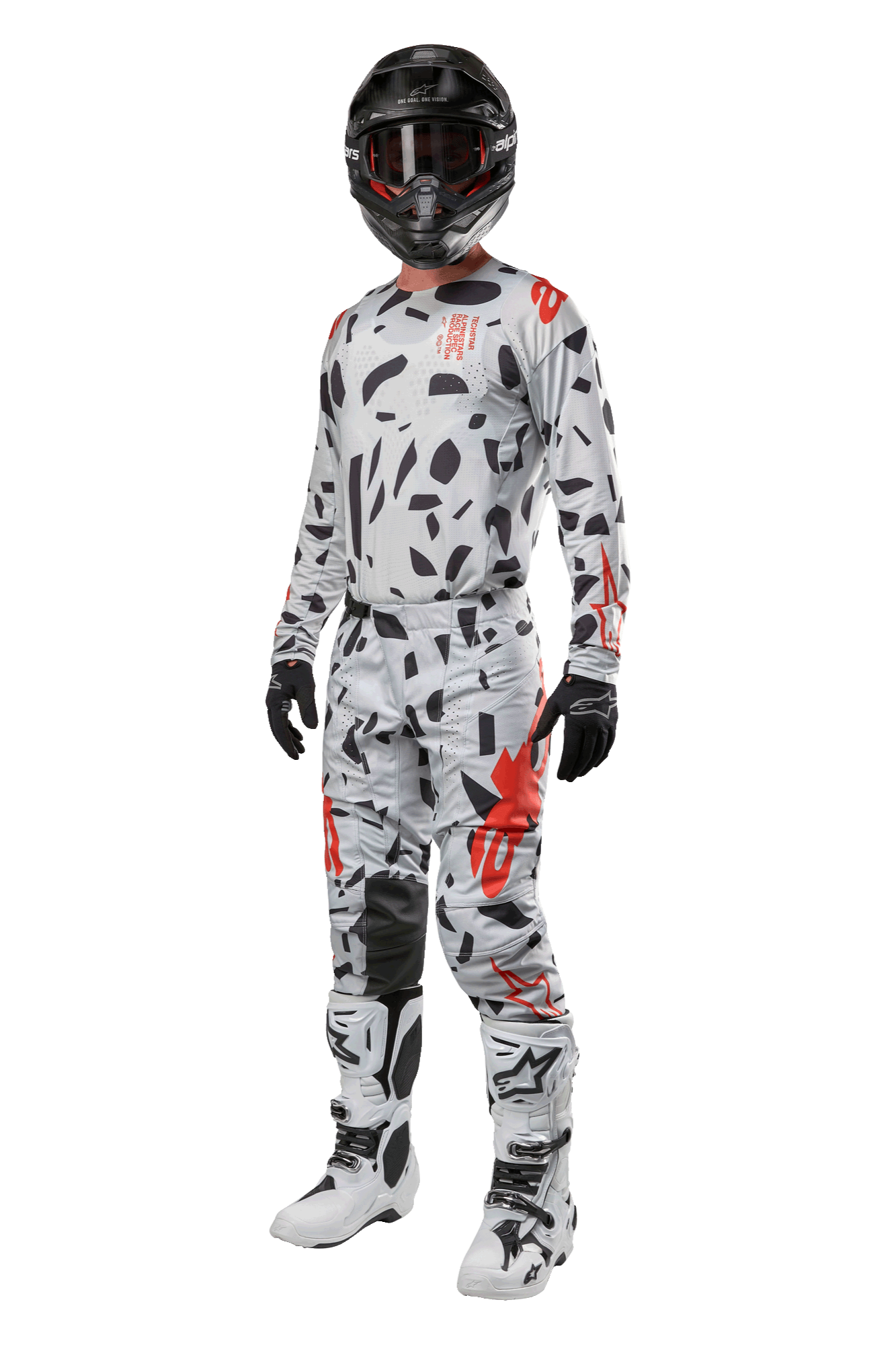 Alpinestars 2024 Techstar Rantera Hose, Motocross-Hose, Haze Gray Camo, getragen mit passendem Jersey, schwarzem Helm und weiß-schwarzen Stiefeln, mit schwarzen abstrakten Mustern und roten Akzenten, komplette Offroad-Rennausrüstung