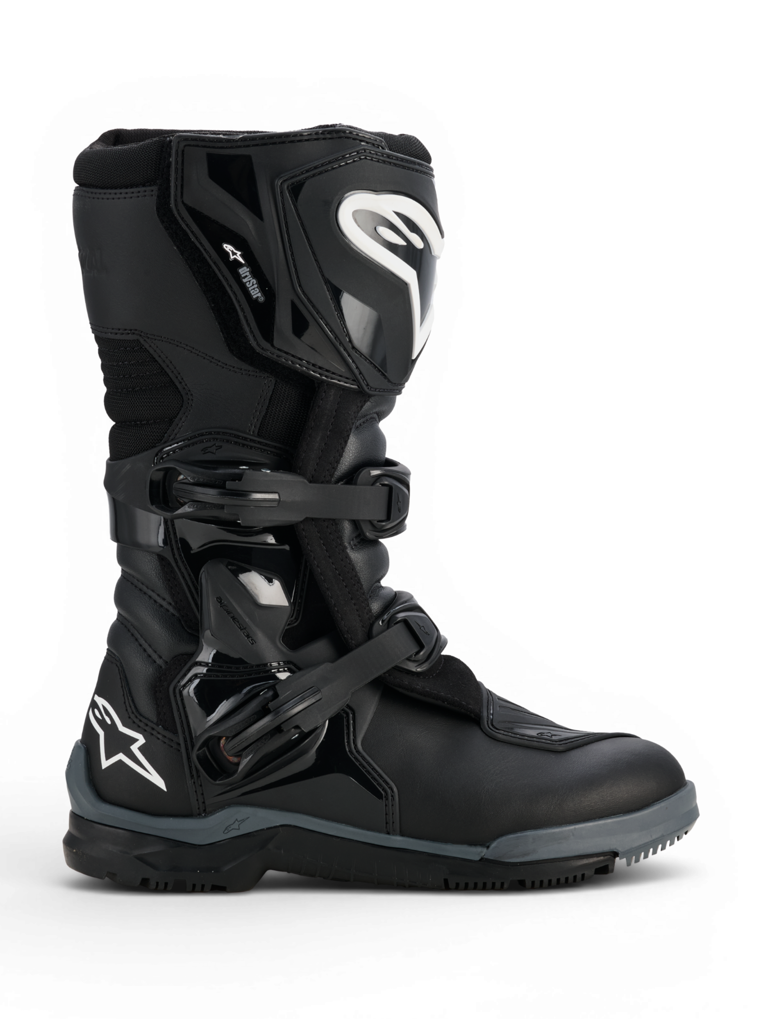 Alpinestars Corozal V2 Adventure Drystar® Stiefel, schwarzer Adventure-Motorradstiefel mit Schienbein- und Knöchelprotektoren, verstellbaren Schnallen, strukturiertem Schaltpolster und geländetauglicher Sohle.