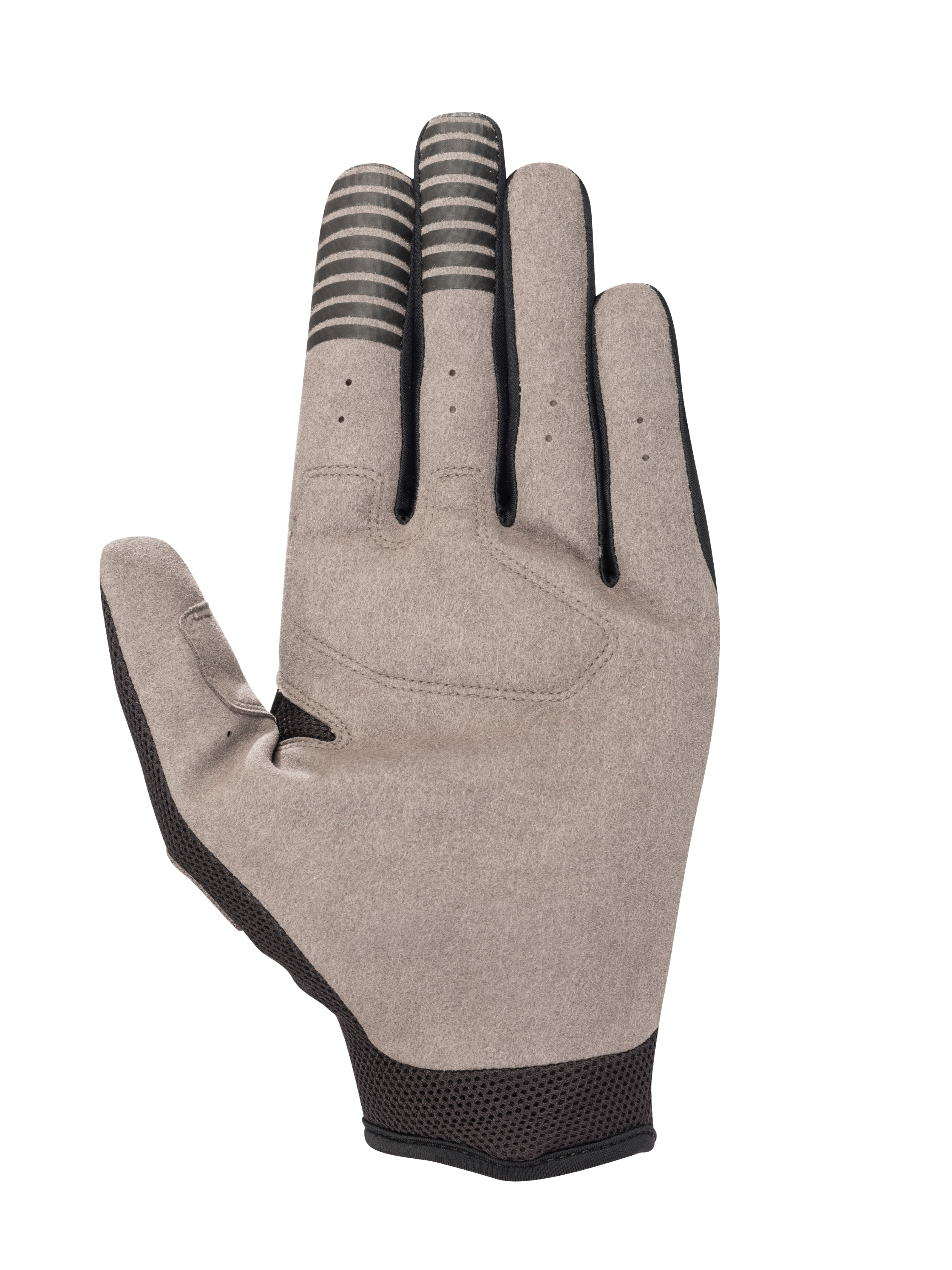 Alpinestars Engine Handschuhe, Handflächenansicht, Schwarz und Grau, synthetische Wildleder-Handfläche mit leitfähigen schwarzen Streifen an Zeige- und Mittelfingerkuppen, schwarzes Mesh an Handgelenk und Daumen, kleine Belüftungsöffnungen an den Fingern.