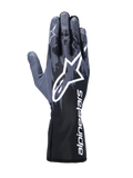 Alpinestars Tech-1 K V3 Handschuhe, Kart-Handschuhe, Schwarz Anthrazit, großes weißes Astar-Logo auf dem Handrücken, dunkelgraues Camouflage-Muster, Stulpe mit vertikalem weißem Alpinestars-Schriftzug