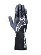Alpinestars Tech-1 K V3 Handschuhe, Kart-Handschuhe, Schwarz Anthrazit, großes weißes Astar-Logo auf dem Handrücken, dunkelgraues Camouflage-Muster, Stulpe mit vertikalem weißem Alpinestars-Schriftzug