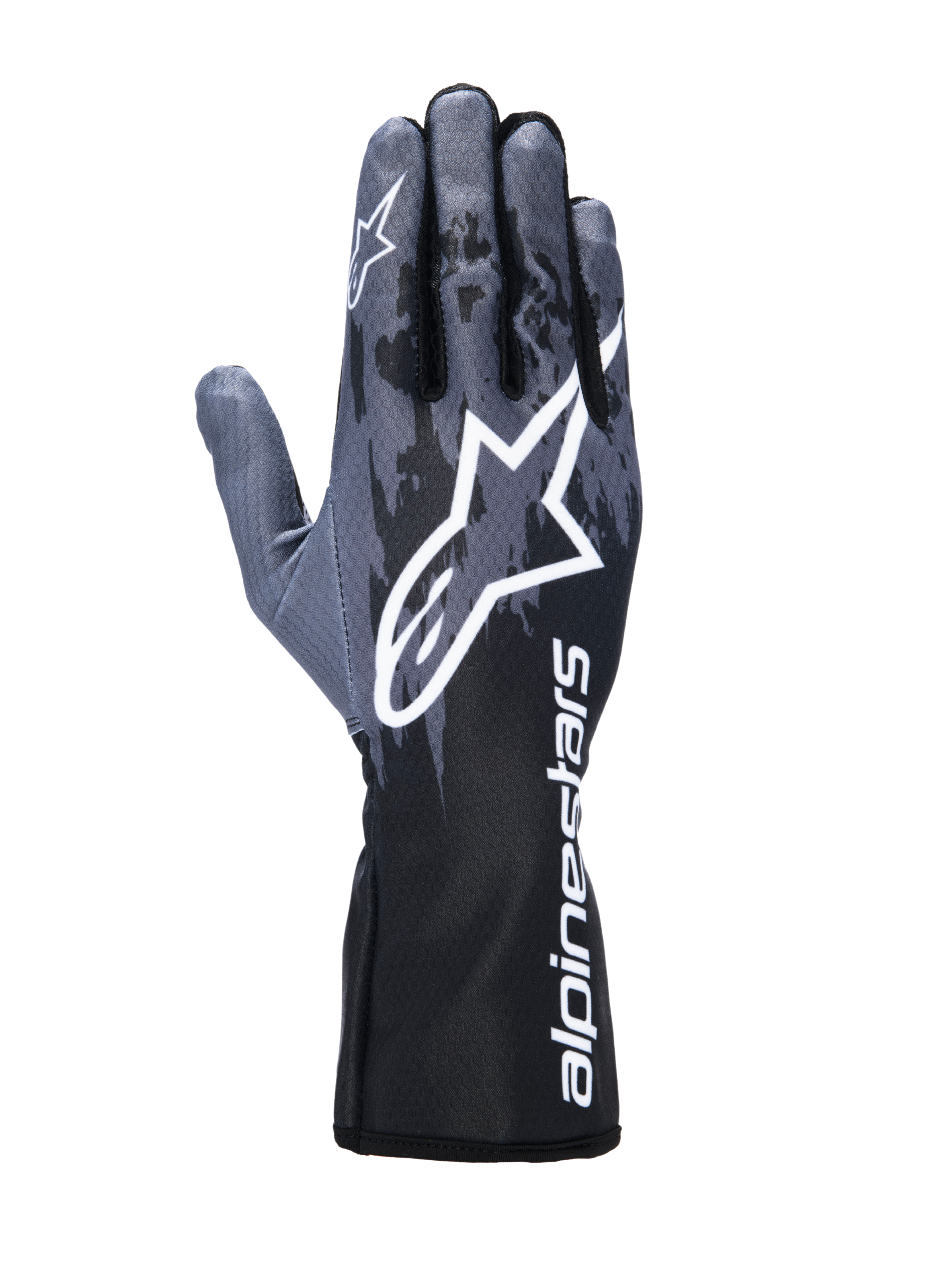 Alpinestars Tech-1 K V3 Handschuhe, Kart-Handschuhe, Schwarz Anthrazit, großes weißes Astar-Logo auf dem Handrücken, dunkelgraues Camouflage-Muster, Stulpe mit vertikalem weißem Alpinestars-Schriftzug