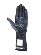 Alpinestars Tech-1 K V3 Karting-Handschuhe, Schwarz Anthrazit, Handflächenansicht mit griffigem Silikondruck, Handfläche aus synthetischem Wildleder, Stulpe mit elastischem Handgelenk und weißem Branding, professionelle Motorsportausrüstung