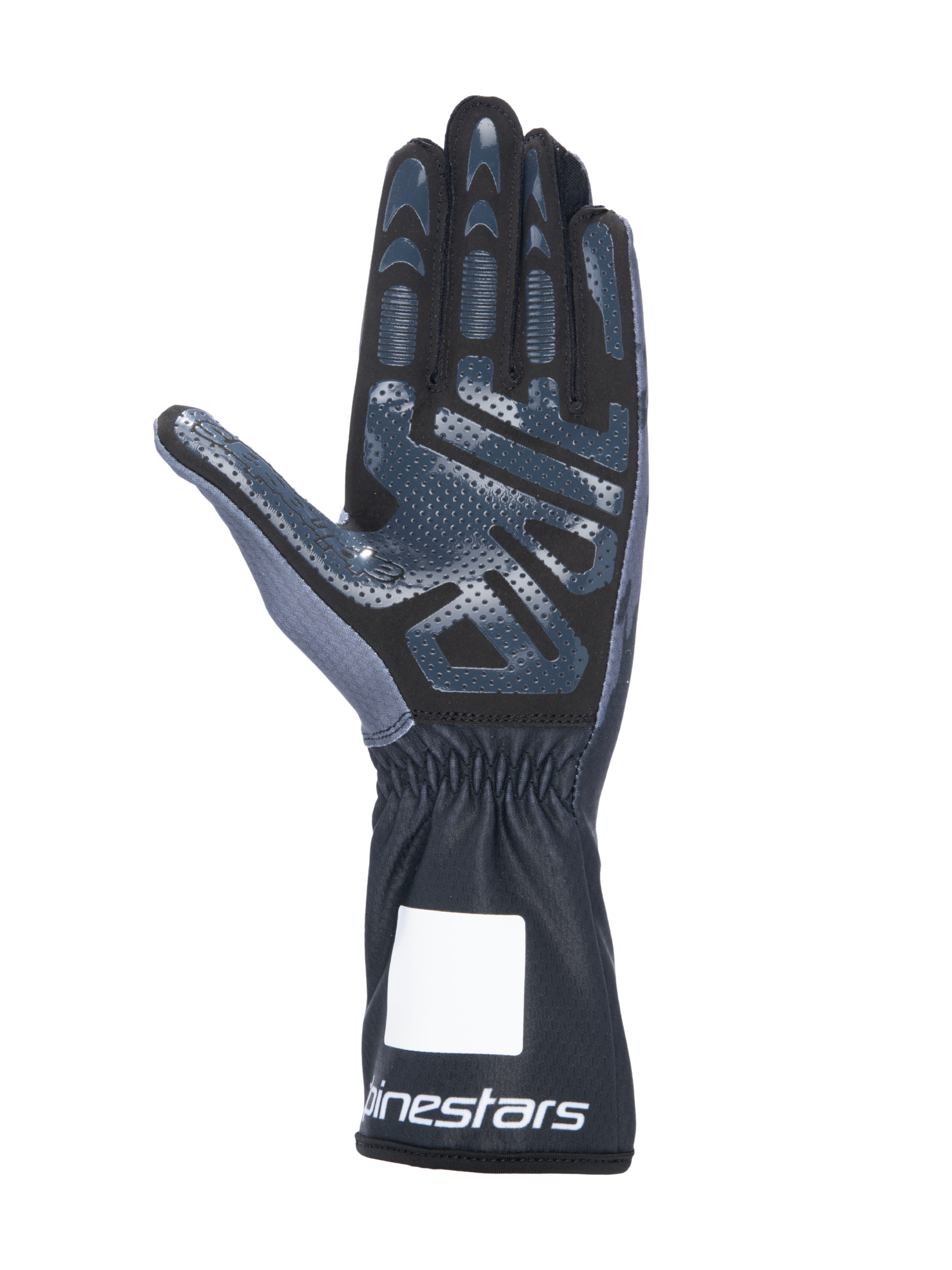 Alpinestars Tech-1 K V3 Karting-Handschuhe, Schwarz Anthrazit, Handflächenansicht mit griffigem Silikondruck, Handfläche aus synthetischem Wildleder, Stulpe mit elastischem Handgelenk und weißem Branding, professionelle Motorsportausrüstung