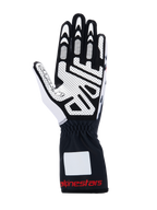 Alpinestars Tech-1 K V3 Gloves, Karting Gloves, Black White and Red, palm view showing high-grip silicone print, synthetic suede material, gauntlet cuff with red branding, professional karting gear