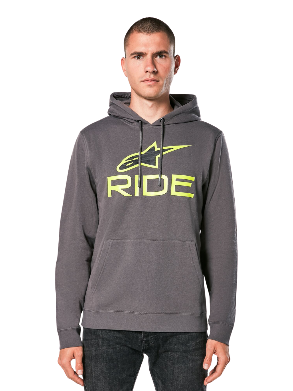 Alpinestars Ride Hoodie V 3, anthrazitgrauer Kapuzenpullover mit limettengrünem RIDE-Logo, mit Kängurutasche vorne und Kapuze mit Kordelzug, lässige, vom Motorsport inspirierte Streetwear