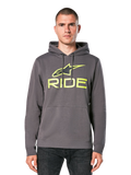 Alpinestars Ride Hoodie V 3, anthrazitgrauer Kapuzenpullover mit limettengrünem RIDE-Logo, mit Kängurutasche vorne und Kapuze mit Kordelzug, lässige, vom Motorsport inspirierte Streetwear