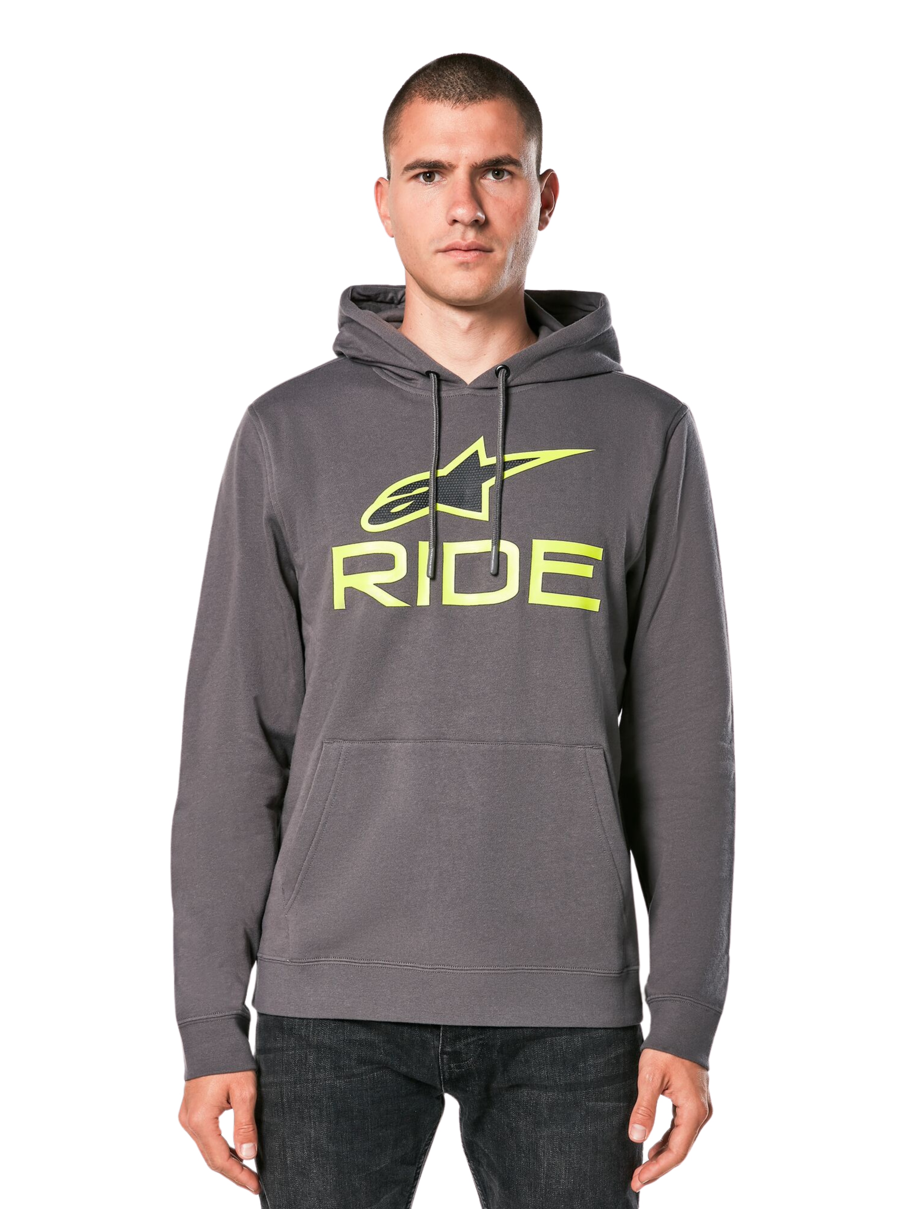 Alpinestars Ride Hoodie V 3, anthrazitgrauer Kapuzenpullover mit limettengrünem RIDE-Logo, mit Kängurutasche vorne und Kapuze mit Kordelzug, lässige, vom Motorsport inspirierte Streetwear