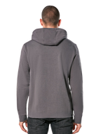 Alpinestars Ride Hoodie V 3, Rückansicht eines anthrazitgrauen Kapuzenpullovers, lässige Sportbekleidung mit Kapuzendesign, langen Ärmeln sowie Rippenbündchen an Ärmeln und Saum
