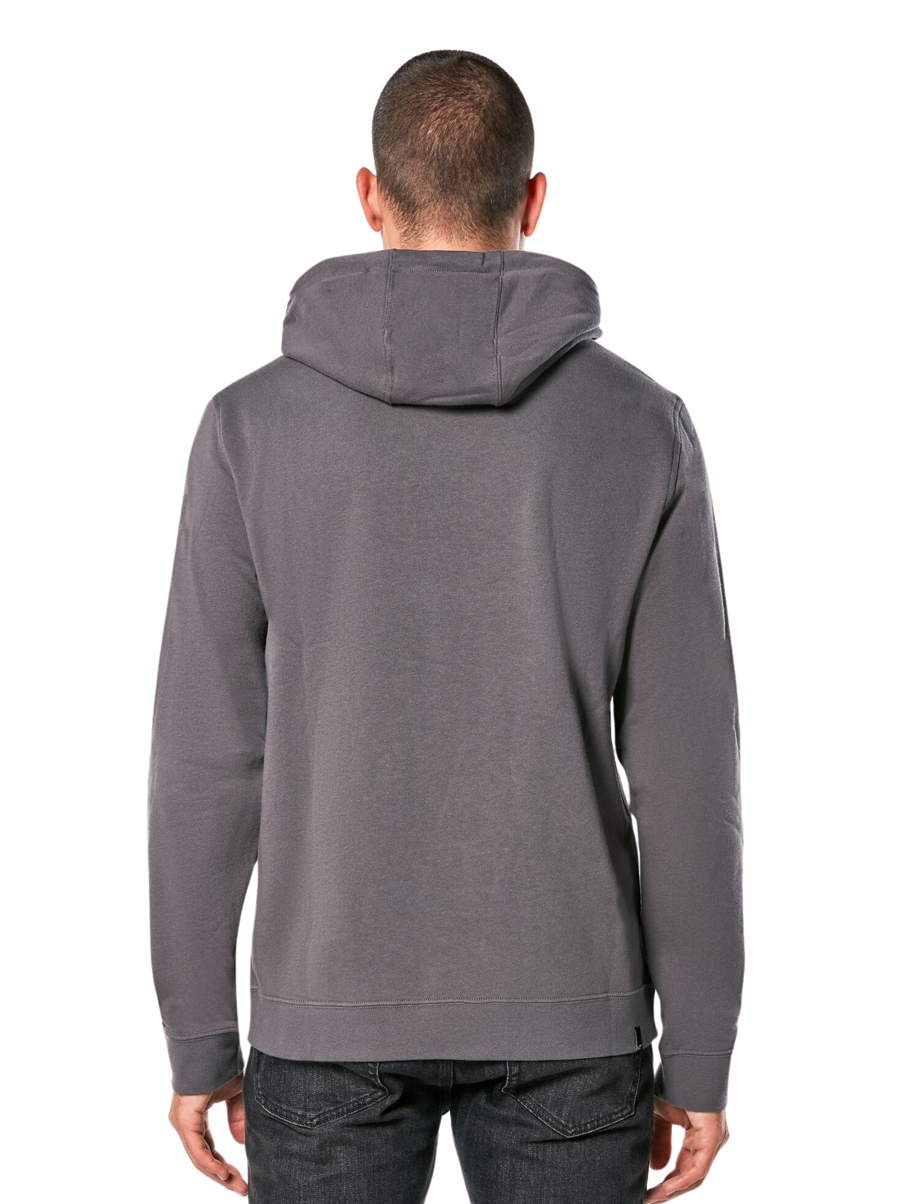 Alpinestars Ride Hoodie V 3, Rückansicht eines anthrazitgrauen Kapuzenpullovers, lässige Sportbekleidung mit Kapuzendesign, langen Ärmeln sowie Rippenbündchen an Ärmeln und Saum