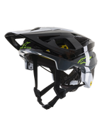 Alpinestars Vector Tech Pilot Helmet CE, MTB Cycling Helmet, Black White and Cool Gray Glossy, featuring lime green Alpinestars logo and 'One Goal. One Vision.' text, multiple ventilation ports, and an adjustable visor.
