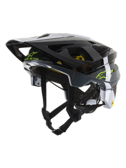 Alpinestars Vector Tech Pilot Helm CE, MTB-Fahrradhelm, Schwarz, Weiß und Cool Gray glänzend, mit lindgrünem Alpinestars-Logo und dem Schriftzug „One Goal. One Vision.“, mehreren Belüftungsöffnungen und einem verstellbaren Visier.