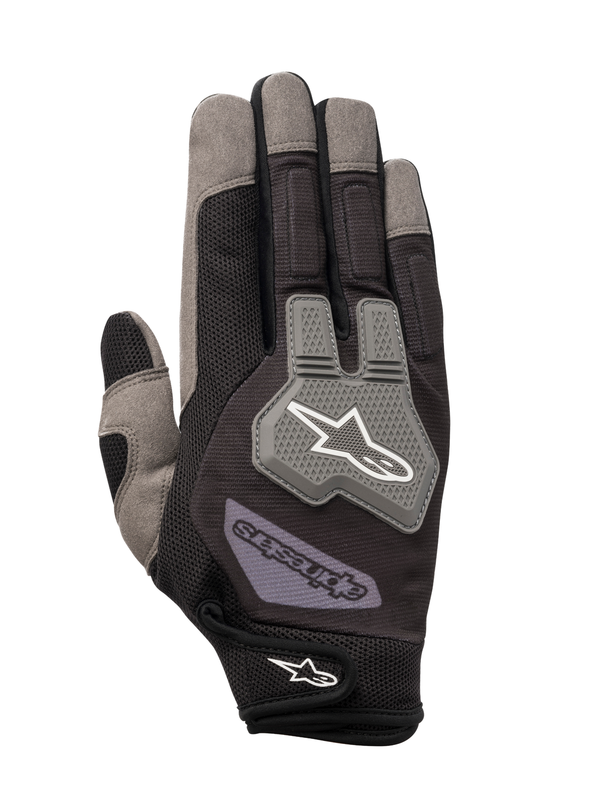 Alpinestars Engine Handschuhe, Mechanikerhandschuhe, Schwarz und Grau, atmungsaktive Mesh-Konstruktion, grauer TPR-Knöchelschutz mit weißem Stern-Logo, verstellbarer Handgelenksverschluss mit Branding, langlebiges Multi-Material-Design für Werkstatt- und Boxenarbeiten