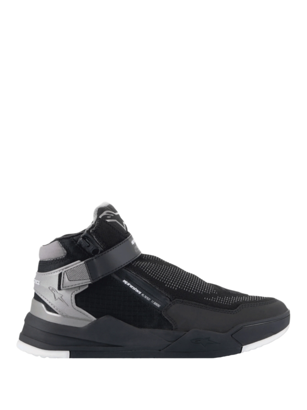Alpinestars Speedflight Street Schuhe, Motorrad-Fahrschuhe, Schwarz und Gun Metal, High-Top-Sneaker-Profil mit strukturiertem Mesh-Obermaterial, seitlicher Reißverschluss und Knöchelriemen-Verschluss, dicke schwarze Sohle mit weißen Details an der Außensohle, urbaner Fahrstil