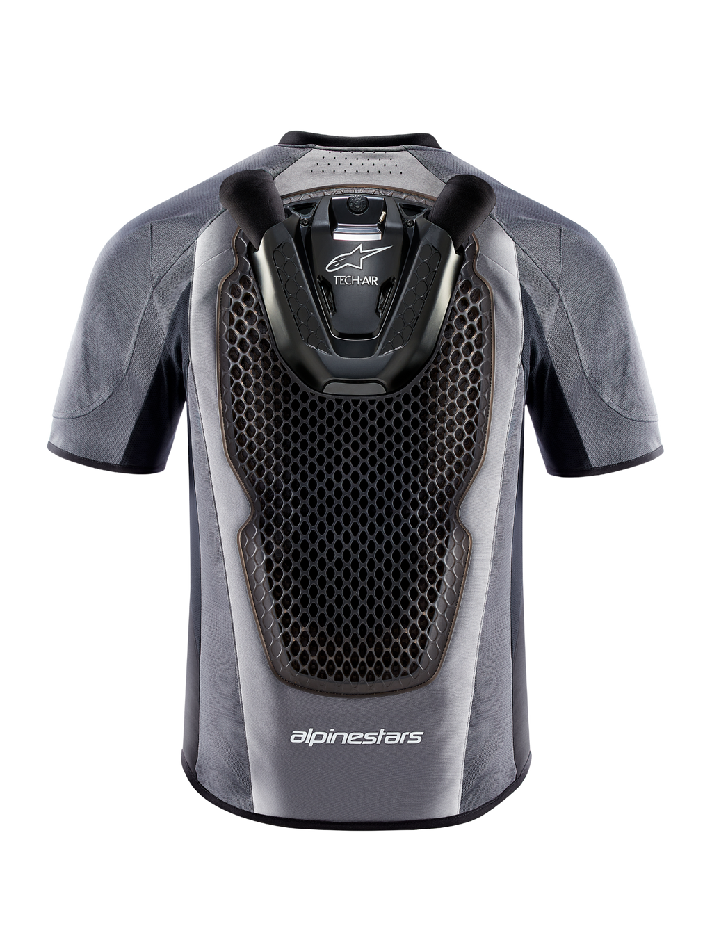 Tech-Air 5 Airbag-System, Rückansicht der Weste in Grau und Schwarz mit integriertem Waben-Rückenprotektor.