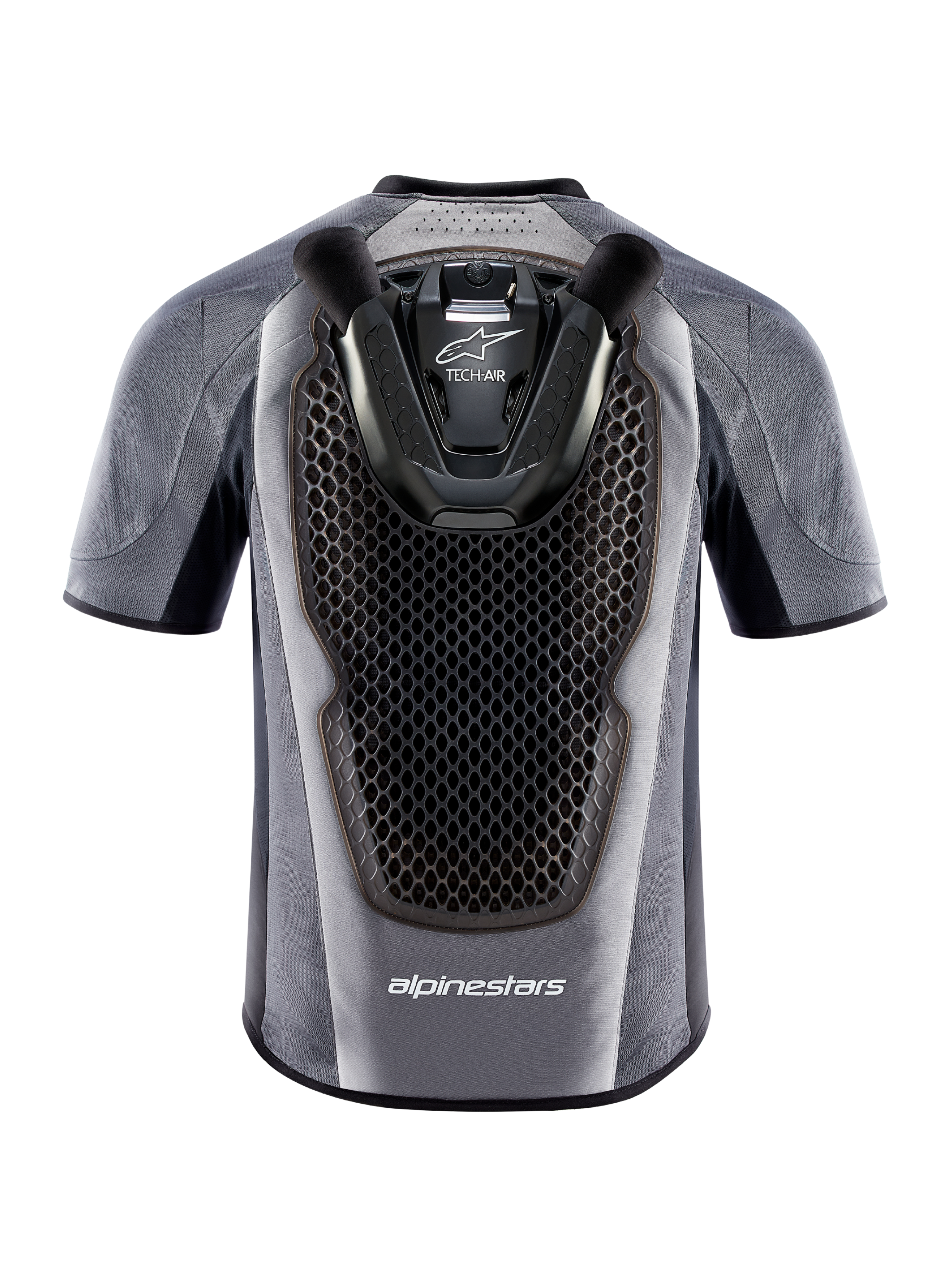 Tech-Air 5 Airbag-System, Rückansicht der Weste in Grau und Schwarz mit integriertem Waben-Rückenprotektor.