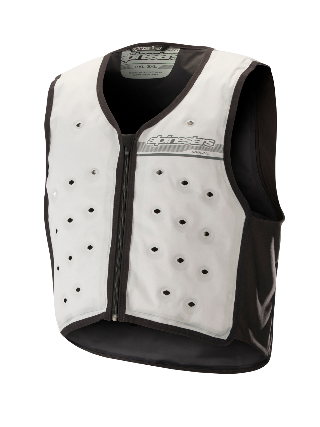 Alpinestars Cooling Vest, Light Gray and Dark Gray, sleeveless motorcycle base layer featuring circular ventilation ports, front zipper, and moisture-wicking textile construction for hot-weather riding