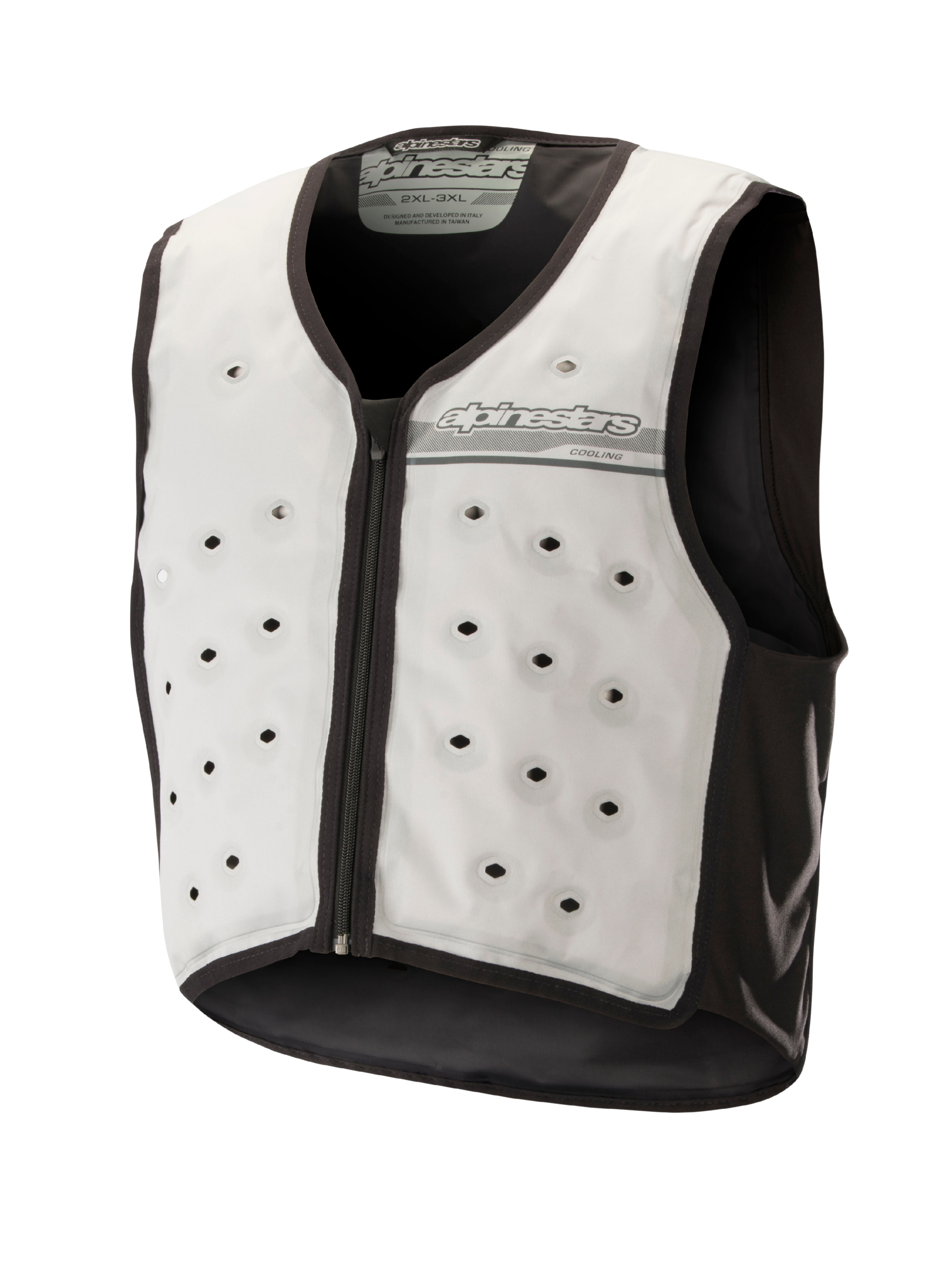 Alpinestars Cooling Vest, Light Gray and Dark Gray, sleeveless motorcycle base layer featuring circular ventilation ports, front zipper, and moisture-wicking textile construction for hot-weather riding