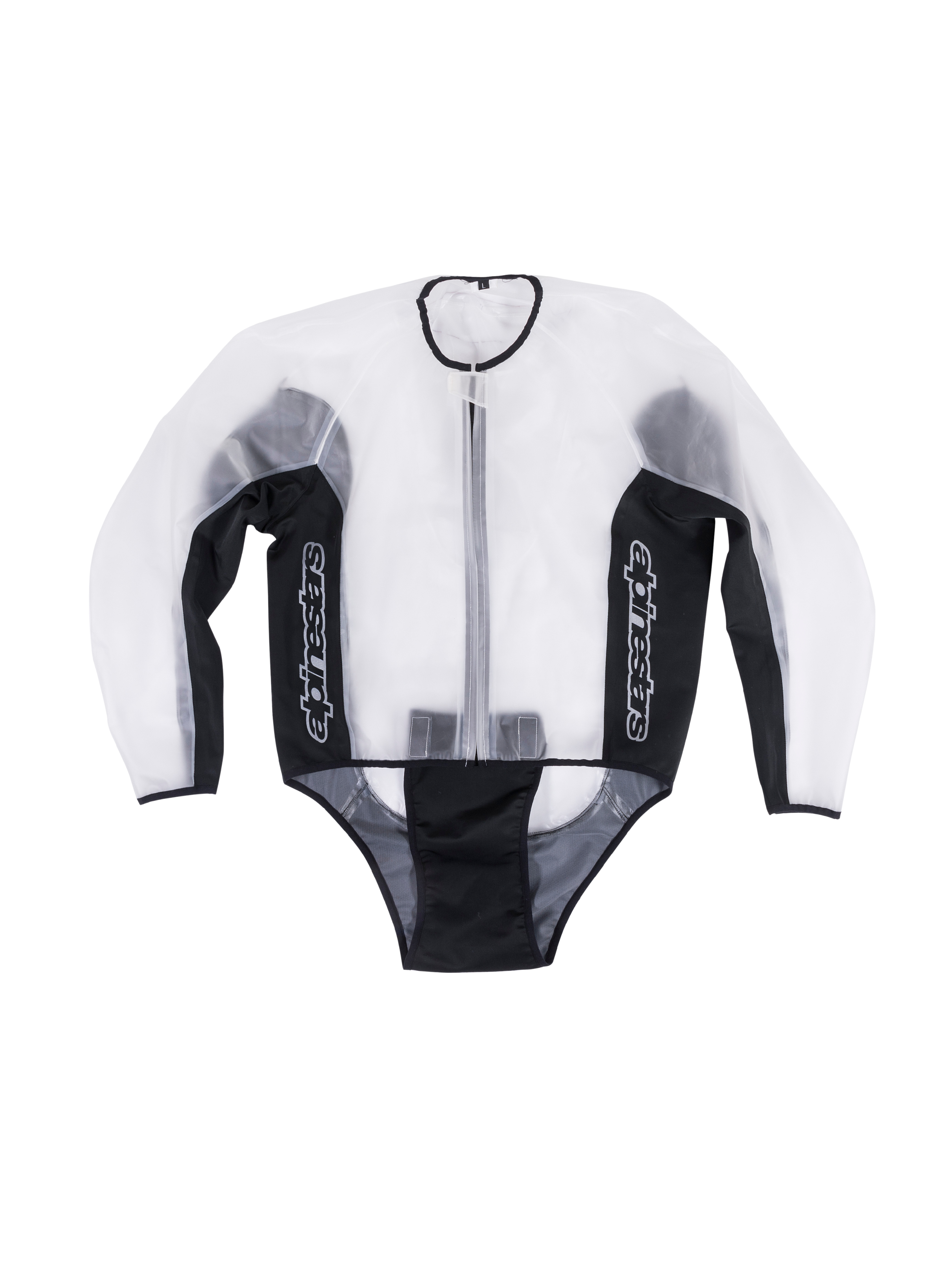 Alpinestars Racing Rain Jacket, Waterproof Transparent Motorcycle Jacket, Clear and Black, white vertical logos on side panels, front zipper closure, pre-curved design for fit over leather suits, functional wet weather track gear