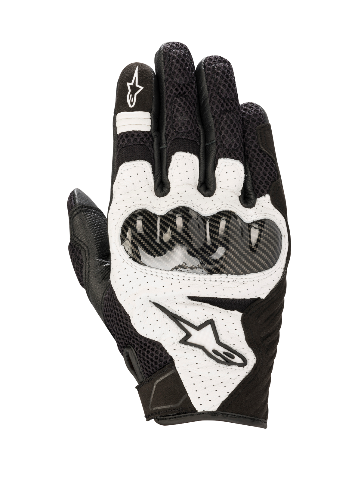 Alpinestars SMX-1 Air V2 Handschuhe, Motorradhandschuhe aus Leder und Mesh-Gewebe in Schwarz und Weiß mit Hartschalen-Knöchelschutz in Carbon-Optik.
