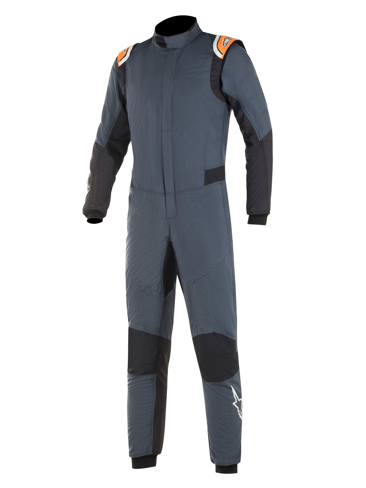 Alpinestars Hypertech Anzug, Auto-Rennanzug, Asphaltgrau und Schwarz mit Akzenten in Orange Fluo, mit schwarzen Stretcheinsätzen, orangefarbenen Schulter-Epauletten mit Branding und weißem Stern-Logo auf dem Bein, professionelle zweilagige feuerfeste Konstruktion für Motorsport-Performance