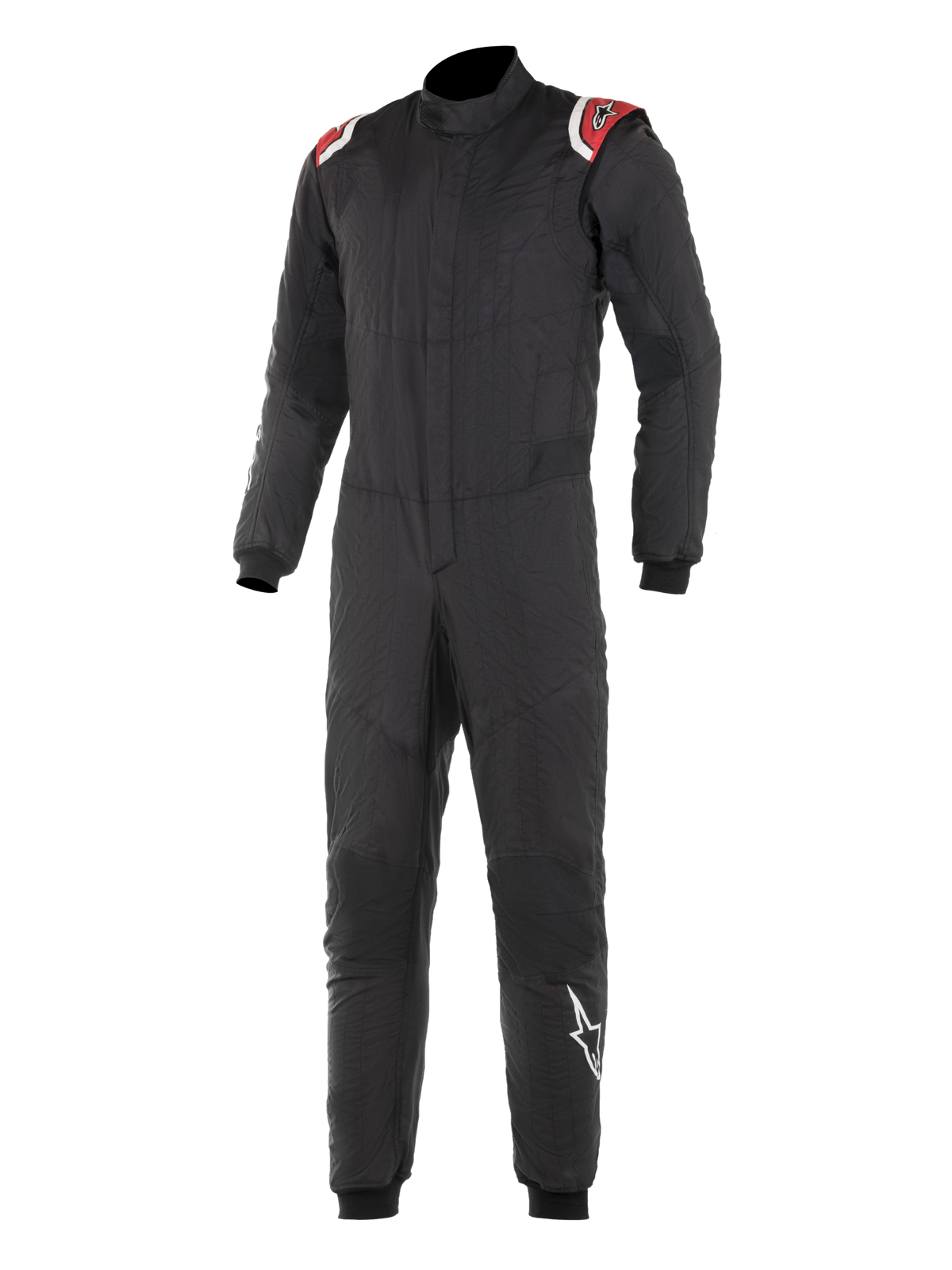 Alpinestars Hypertech Anzug, Professioneller Rennanzug für den Automobilsport, Schwarz mit roten und weißen Schulterakzenten, gesteppte zweilagige Konstruktion, hoher Kragen, körpernahes Design mit gerippten Bündchen, FIA-zertifizierter Motorsport-Schutz