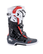 Alpinestars Tech 10 Supervented Stiefel, Motocross-Stiefel, Schwarz, Weiß, Mittelgrau und Rot, Seitenansicht mit mehreren Schnallenverschlüssen, belüfteten Einsätzen und roten Alpinestars-Logos, technisches Offroad-Schuhdesign