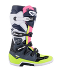 Alpinestars Tech 7 Stiefel, Motocross-Stiefel, Dunkelgrau, Dunkelblau und Pink Fluo, Vier-Schnallen-Verschlusssystem mit neongelben und weißen Akzenten, schützende Konstruktion mit verstärkter Sohle, professionelle Offroad-Rennausrüstung