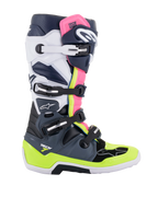 Alpinestars Tech 7 Stiefel, Motocross-Stiefel, Dunkelgrau, Dunkelblau und Pink Fluo, Vier-Schnallen-Verschlusssystem mit neongelben und weißen Akzenten, schützende Konstruktion mit verstärkter Sohle, professionelle Offroad-Rennausrüstung