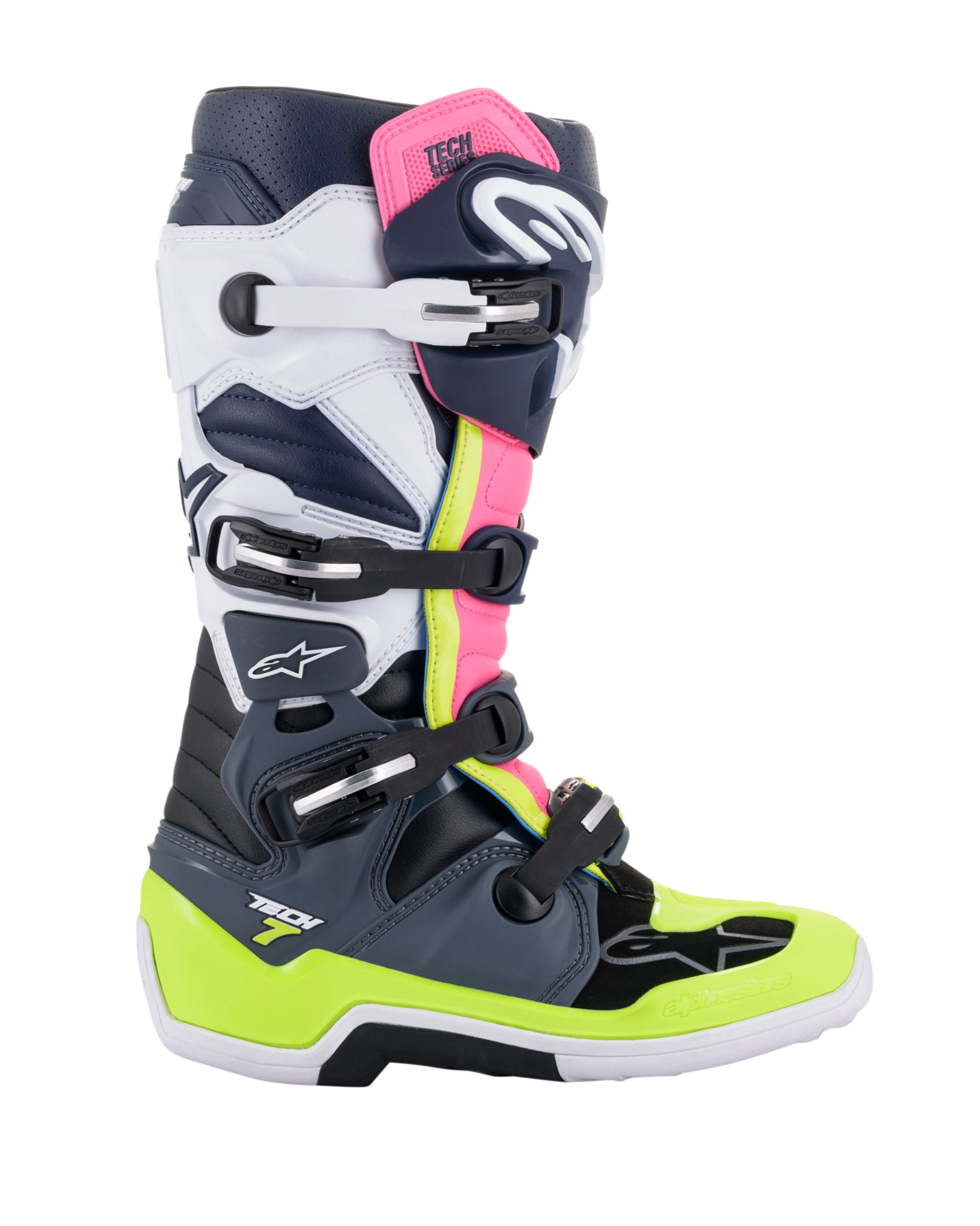 Alpinestars Tech 7 Stiefel, Motocross-Stiefel, Dunkelgrau, Dunkelblau und Pink Fluo, Vier-Schnallen-Verschlusssystem mit neongelben und weißen Akzenten, schützende Konstruktion mit verstärkter Sohle, professionelle Offroad-Rennausrüstung