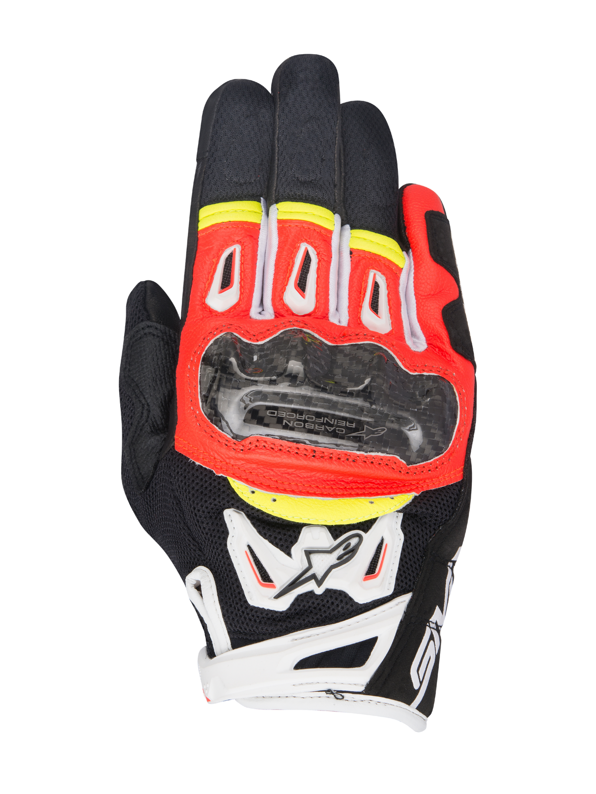 Alpinestars SMX-2 Air Carbon V2 Handschuhe, kurze Motorradhandschuhe, Schwarz mit fluoreszierendem Rot, Weißen und Gelben Akzenten, Carbon-Knöchelschutz, 3D-Mesh-Einsätze zur Belüftung, Lederkonstruktion, sportliches Road-Riding-Design