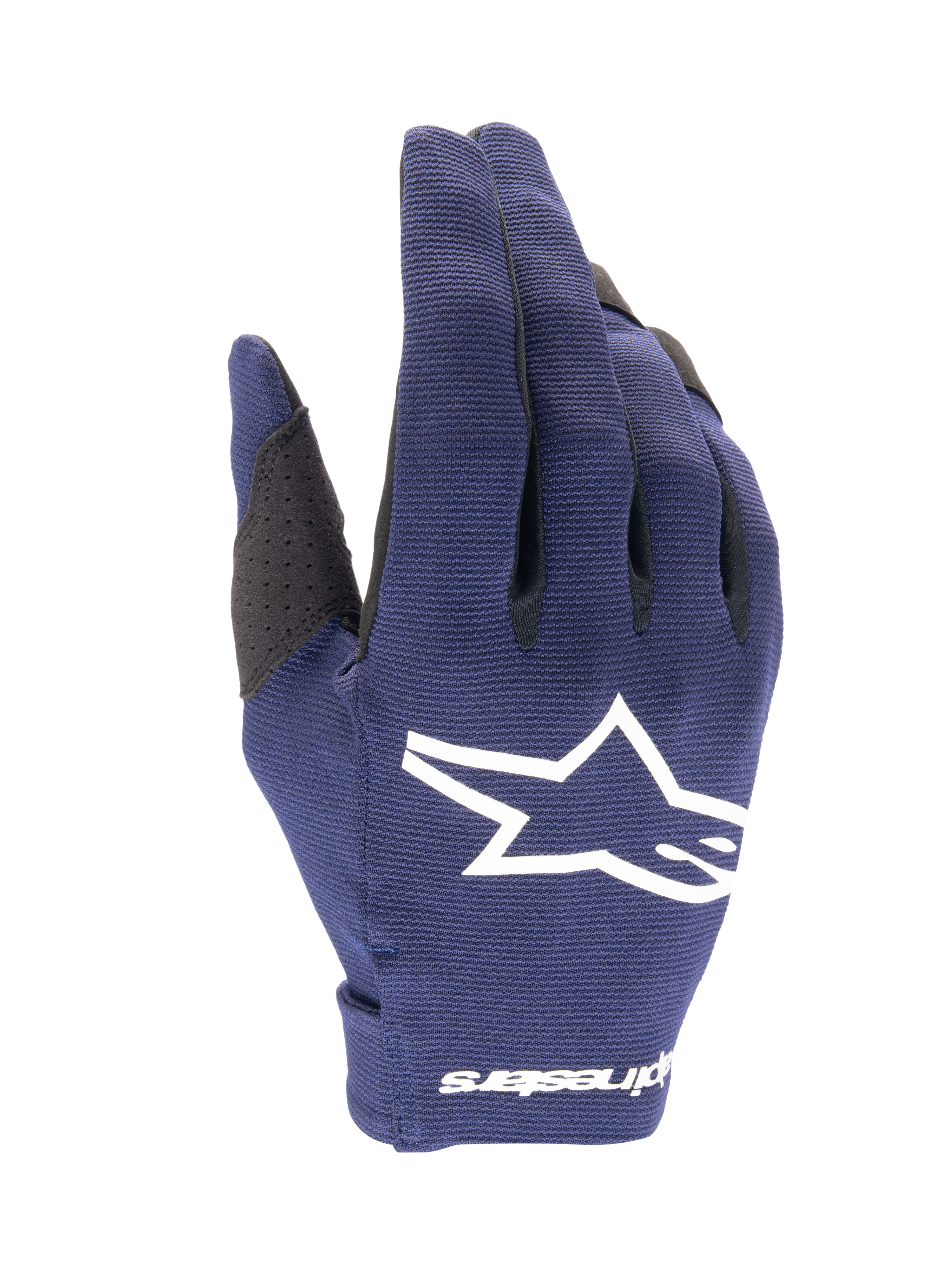 Alpinestars 2025 Radar Gloves, Motocross Gloves, Night Navy and White, textured dark blue fabric with a large white star logo, white branding on the wrist, lightweight design for off-road racing