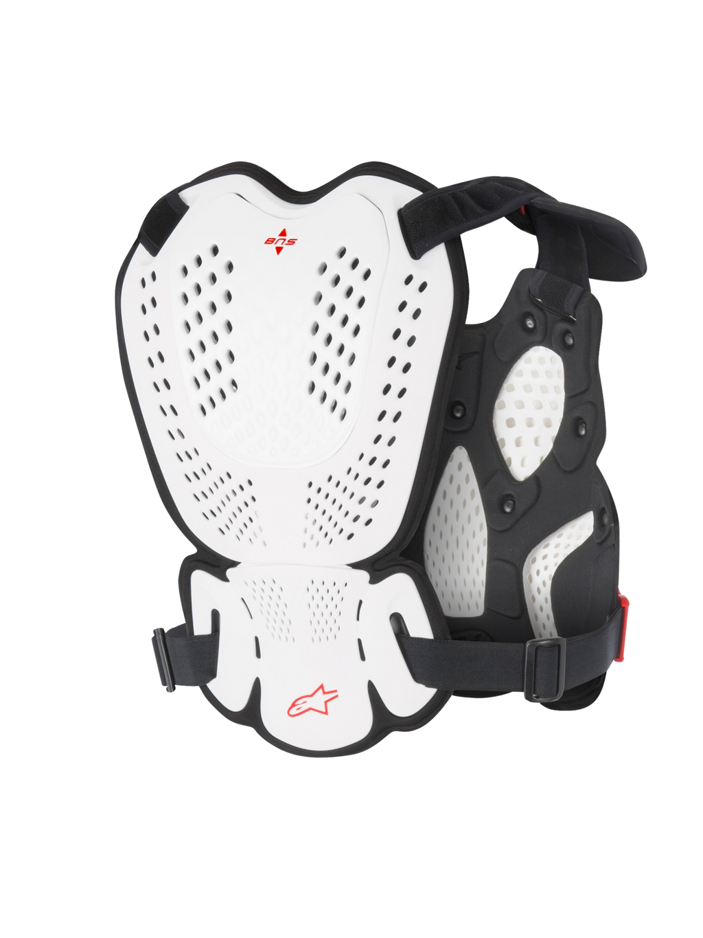 Alpinestars A-1 Roost Guard, Motocross Chest and Back Protector, White and Black with Red Alpinestars logo, perforated hard shell plates, bio-foam padding, rear view showing protective coverage for motocross and off-road riding