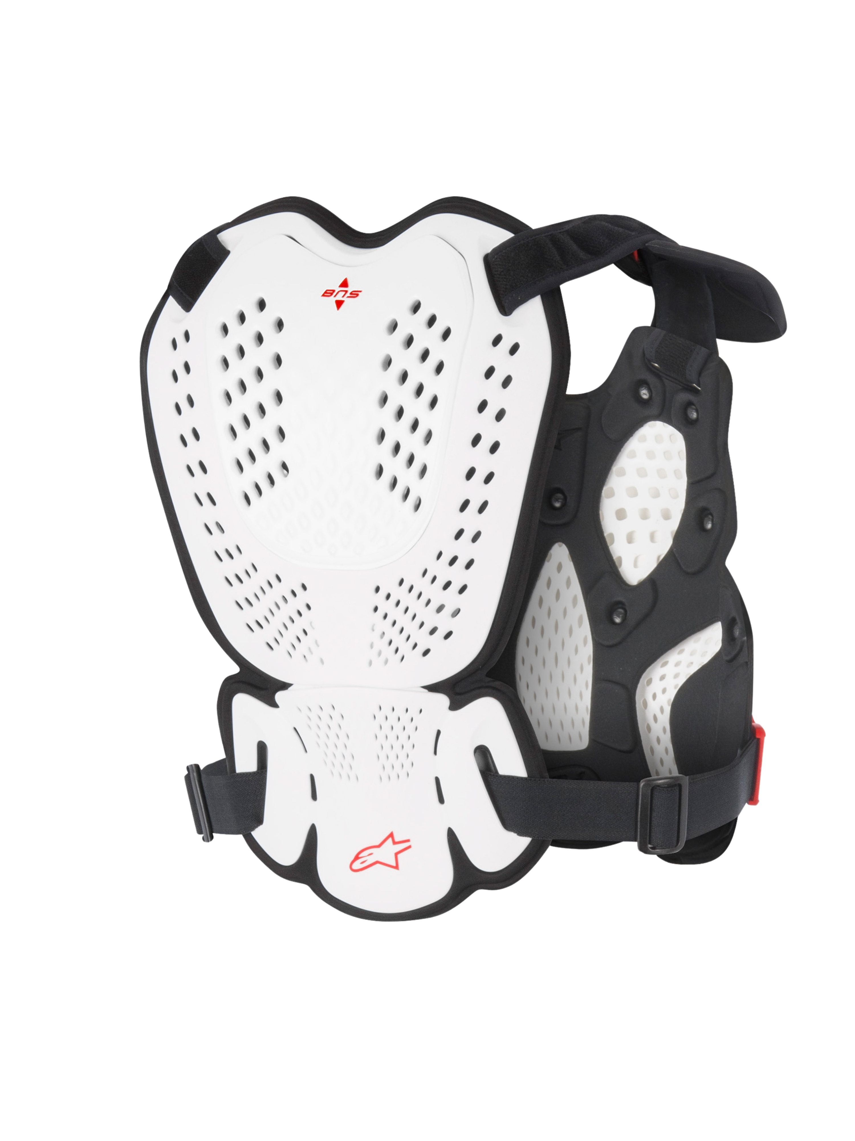 Alpinestars A-1 Roost Guard, Motocross Chest and Back Protector, White and Black with Red Alpinestars logo, perforated hard shell plates, bio-foam padding, rear view showing protective coverage for motocross and off-road riding