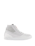 Alpinestars Stated Schuhe, Urbane Motorradschuhe, Weiß und Cool Gray, High-Top-Sneaker mit geripptem Strickkragen, Obermaterial aus Nubuk und Canvas, weiße vulkanisierte Gummisohle, minimalistisches Retro-Design mit rotem Logo auf der Zunge